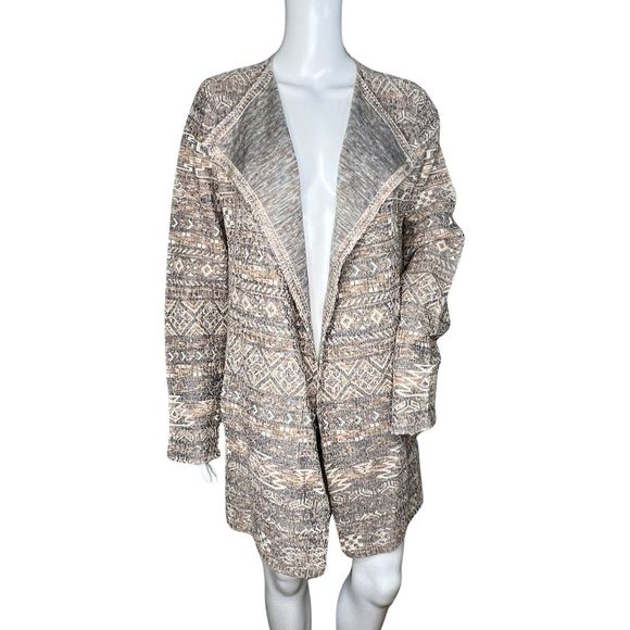 Lucky Brand Sweater Womens Medium Gray Aztec Open‎ Front Cardigan Woven Bohemian - Picture 1 of 8